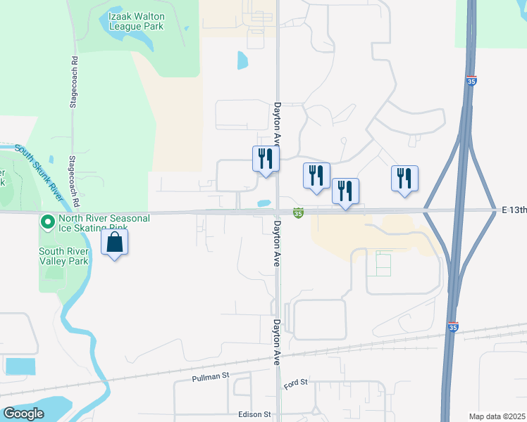 map of restaurants, bars, coffee shops, grocery stores, and more near East 13th Street in Ames