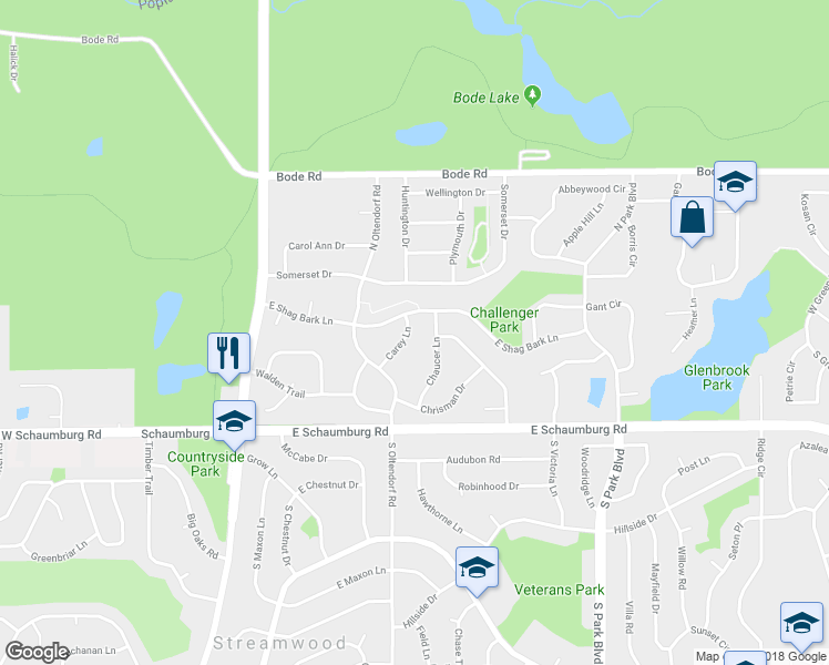 map of restaurants, bars, coffee shops, grocery stores, and more near 41 Carey Lane in Streamwood