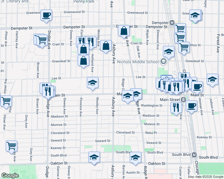 map of restaurants, bars, coffee shops, grocery stores, and more near 910 Asbury Avenue in Evanston