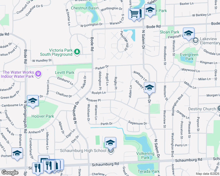 map of restaurants, bars, coffee shops, grocery stores, and more near 417 Argyll Lane in Schaumburg