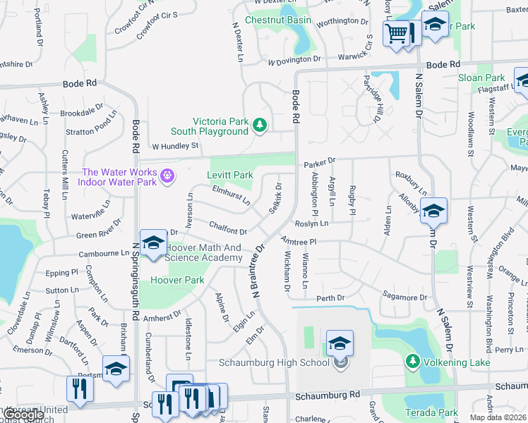 map of restaurants, bars, coffee shops, grocery stores, and more near 414 Selkirk Dr in Schaumburg