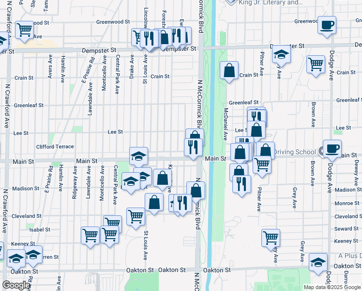 map of restaurants, bars, coffee shops, grocery stores, and more near 8426 Christiana Avenue in Skokie