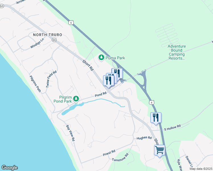 map of restaurants, bars, coffee shops, grocery stores, and more near 53 Shore Road in Provincetown