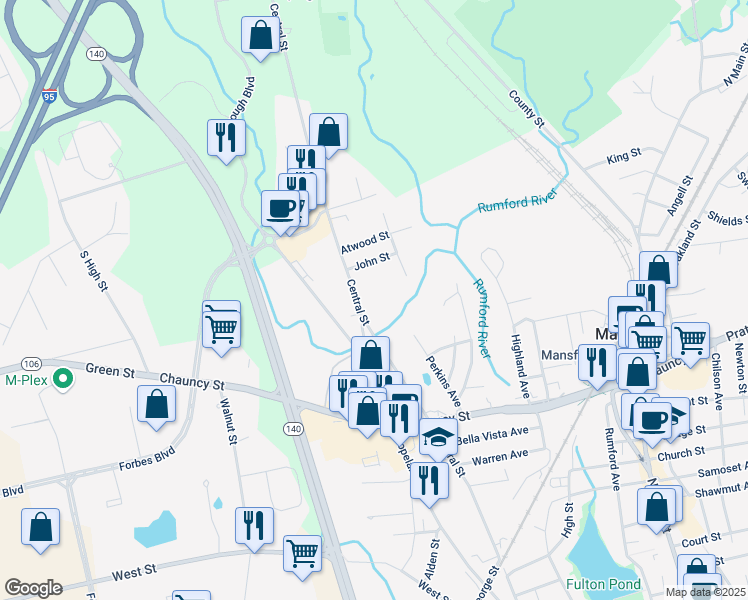map of restaurants, bars, coffee shops, grocery stores, and more near 335 Central Street in Mansfield