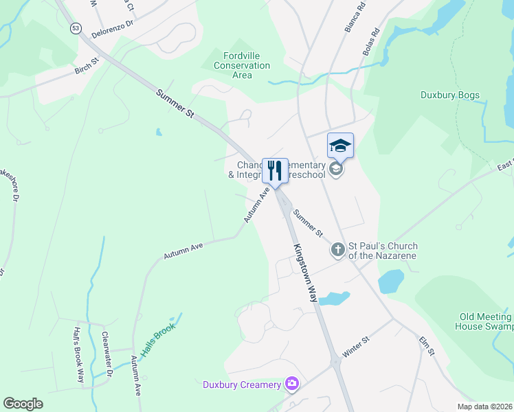 map of restaurants, bars, coffee shops, grocery stores, and more near 1 Gideon Way in Duxbury