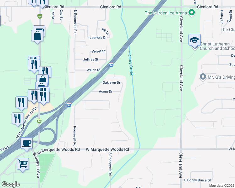 map of restaurants, bars, coffee shops, grocery stores, and more near 2060 Acorn Drive in Stevensville