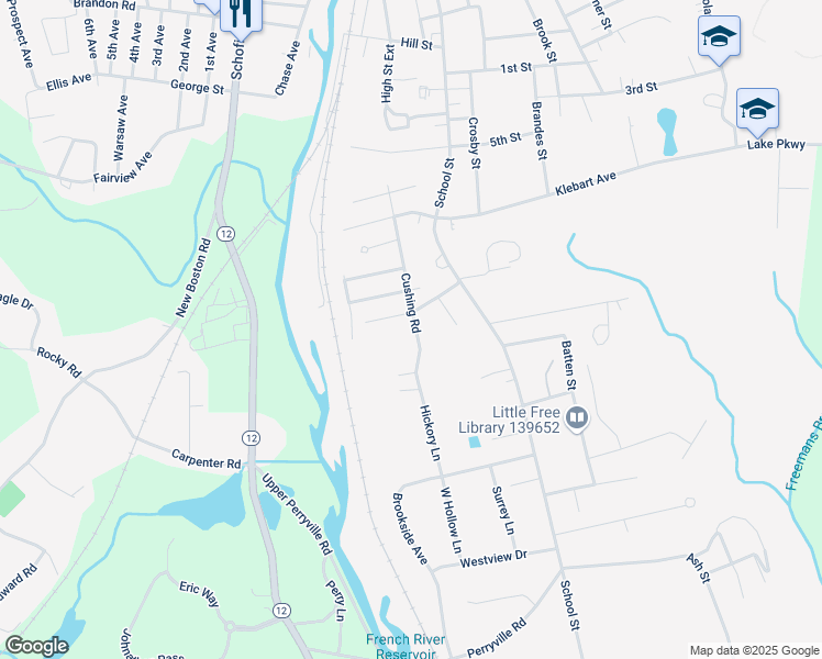 map of restaurants, bars, coffee shops, grocery stores, and more near 58 Cushing Road in Webster