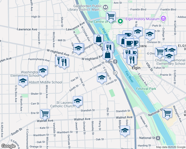 map of restaurants, bars, coffee shops, grocery stores, and more near 414 South Street in Elgin