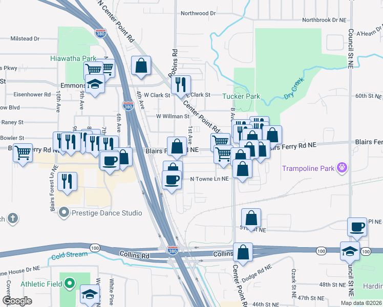 map of restaurants, bars, coffee shops, grocery stores, and more near 2131 Blairs Ferry Road Northeast in Cedar Rapids