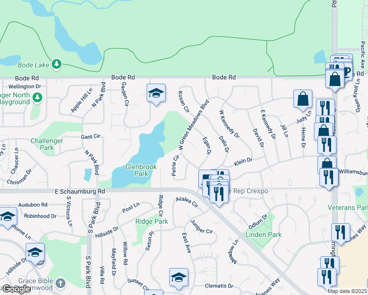 map of restaurants, bars, coffee shops, grocery stores, and more near 119 West Green Meadows Boulevard in Streamwood