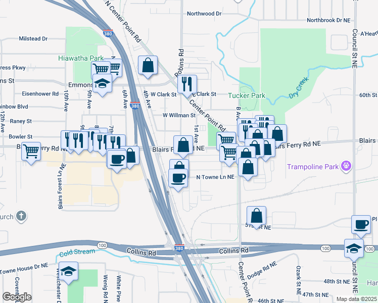 map of restaurants, bars, coffee shops, grocery stores, and more near 101 Blairs Ferry Road Northeast in Cedar Rapids