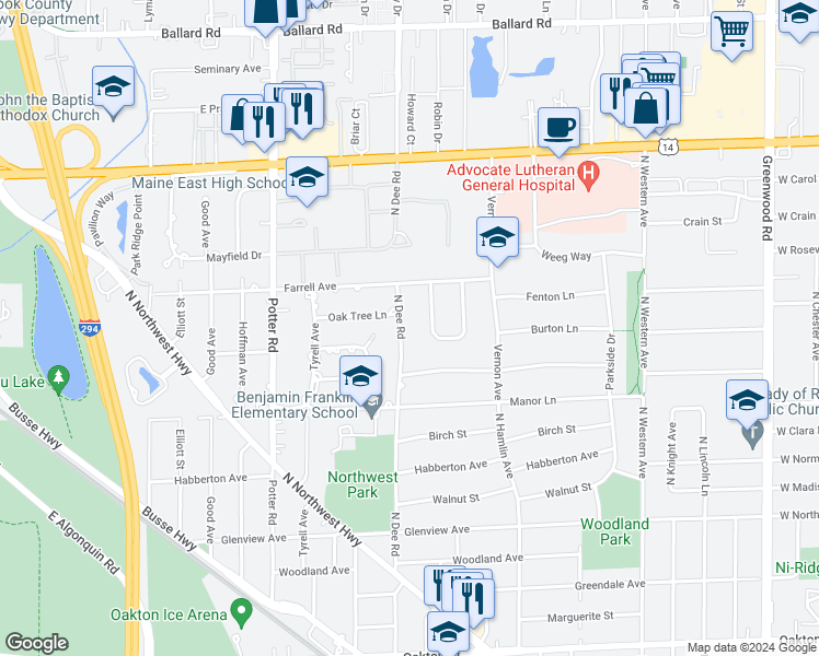 map of restaurants, bars, coffee shops, grocery stores, and more near 1495 North Dee Road in Park Ridge
