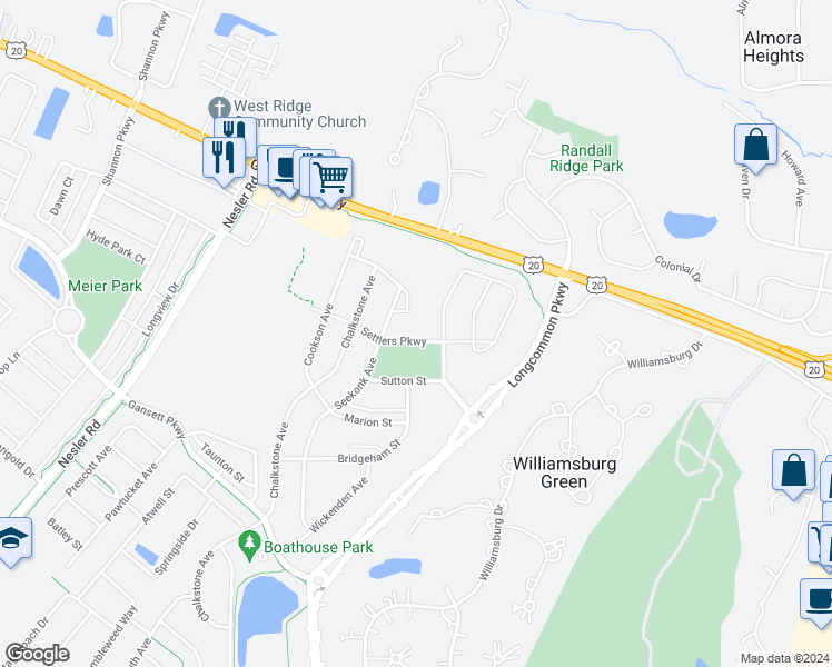 map of restaurants, bars, coffee shops, grocery stores, and more near 3042 Settlers Parkway in Elgin