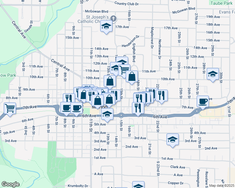 map of restaurants, bars, coffee shops, grocery stores, and more near 815 14th Street in Marion