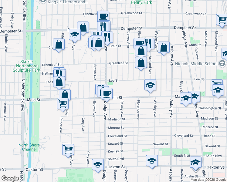 map of restaurants, bars, coffee shops, grocery stores, and more near 1801 Main Street in Evanston