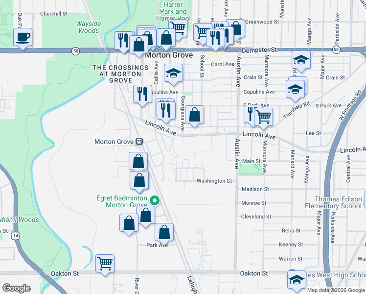 map of restaurants, bars, coffee shops, grocery stores, and more near 6152 Elm Street in Morton Grove