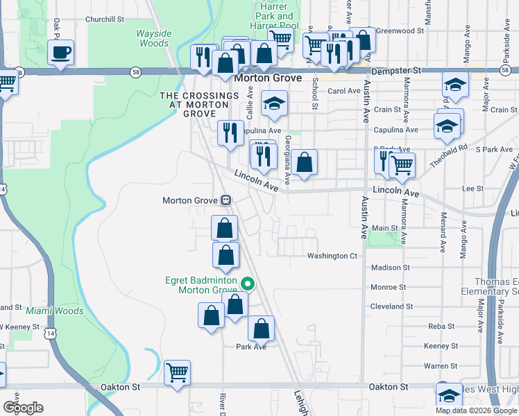 map of restaurants, bars, coffee shops, grocery stores, and more near 8461 Callie Avenue in Morton Grove