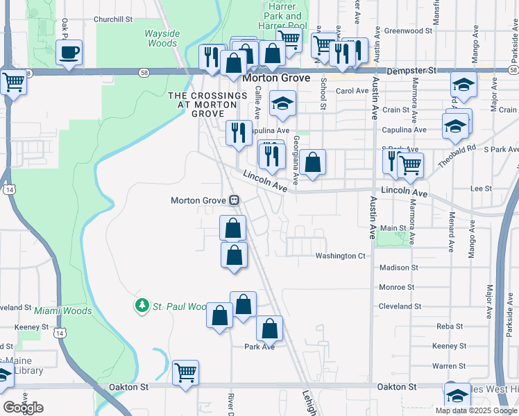 map of restaurants, bars, coffee shops, grocery stores, and more near 8461 Callie Avenue in Morton Grove