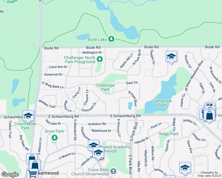 map of restaurants, bars, coffee shops, grocery stores, and more near 15 Gant Circle in Streamwood
