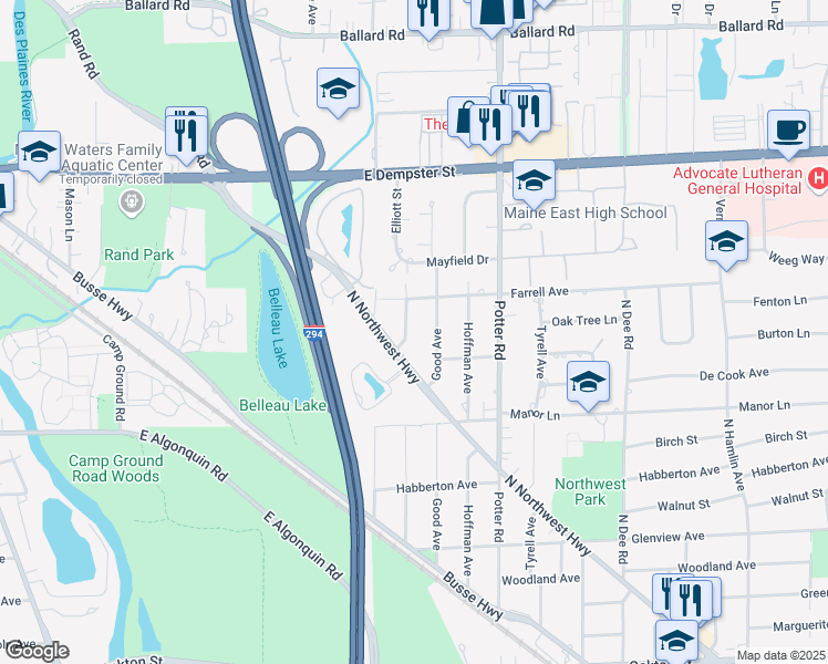 map of restaurants, bars, coffee shops, grocery stores, and more near 1519 Elliott Avenue in Park Ridge