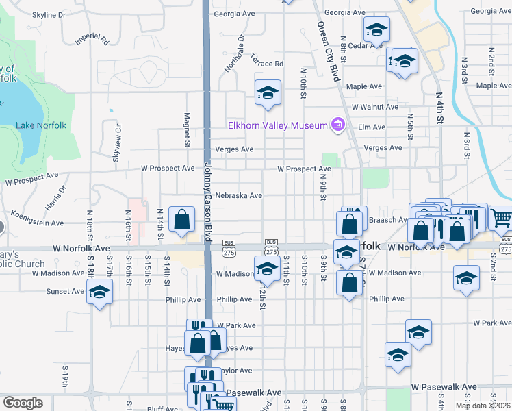 map of restaurants, bars, coffee shops, grocery stores, and more near 209 North 12th Street in Norfolk