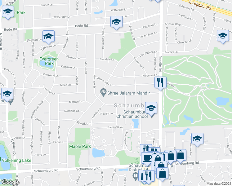 map of restaurants, bars, coffee shops, grocery stores, and more near 250 Thacker Street West in Hoffman Estates