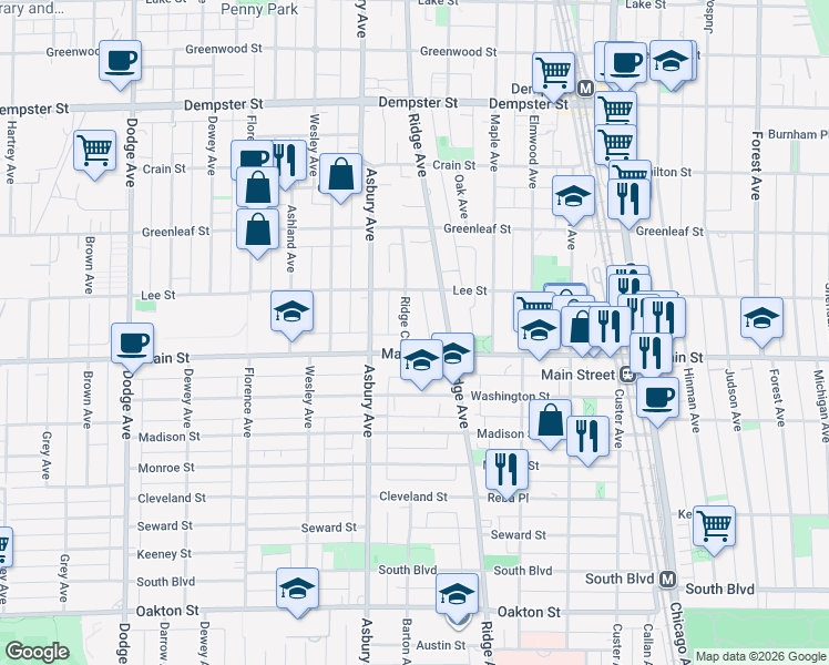 map of restaurants, bars, coffee shops, grocery stores, and more near 915 Ridge Court in Evanston
