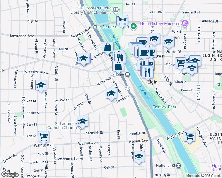 map of restaurants, bars, coffee shops, grocery stores, and more near 321 South Street in Elgin