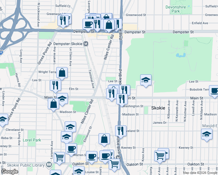 map of restaurants, bars, coffee shops, grocery stores, and more near 4840 Elm Street in Skokie
