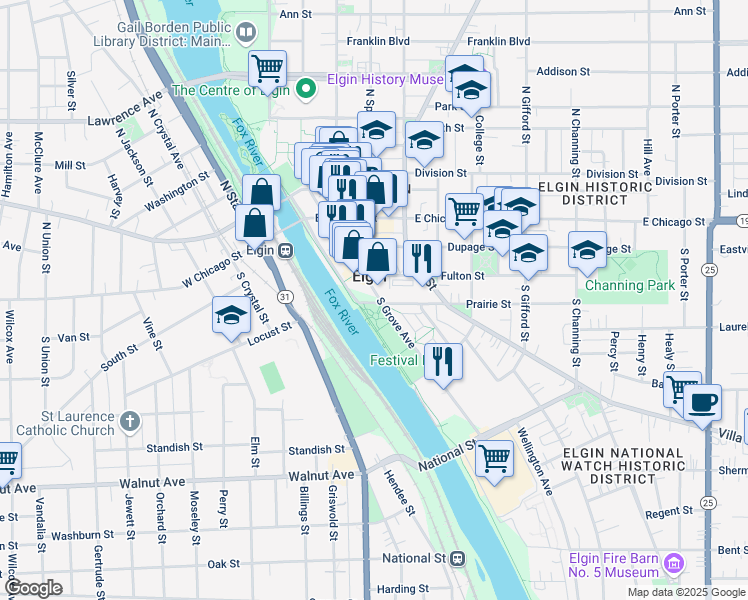 map of restaurants, bars, coffee shops, grocery stores, and more near 122 South Grove Avenue in Elgin