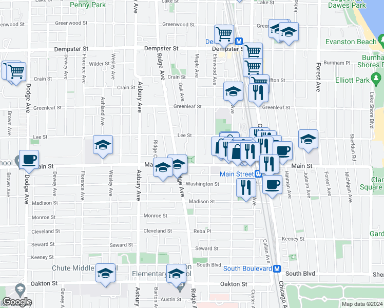 map of restaurants, bars, coffee shops, grocery stores, and more near 916 Maple Avenue in Evanston