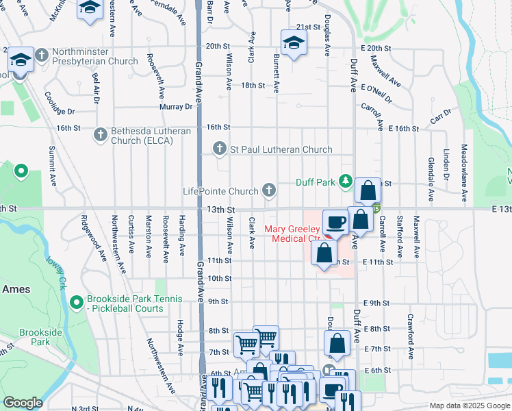 map of restaurants, bars, coffee shops, grocery stores, and more near 425 13th Street in Ames