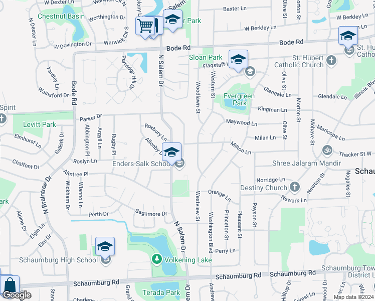map of restaurants, bars, coffee shops, grocery stores, and more near 415 Bristol Lane in Schaumburg