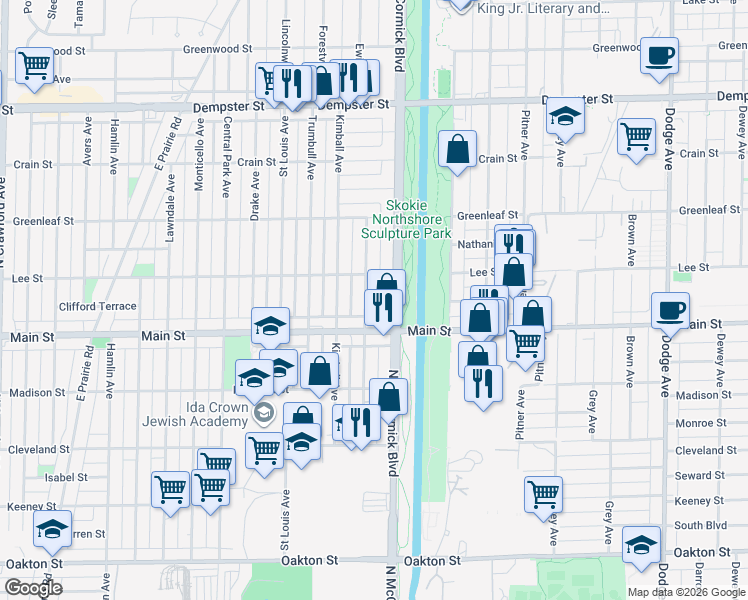 map of restaurants, bars, coffee shops, grocery stores, and more near 8426 Christiana Avenue in Skokie