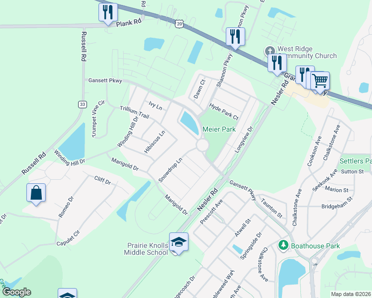 map of restaurants, bars, coffee shops, grocery stores, and more near 358 Snowdrop Lane in Elgin