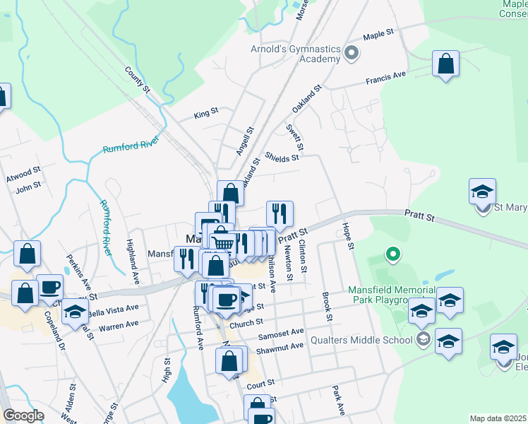 map of restaurants, bars, coffee shops, grocery stores, and more near 33-35 Kingman Avenue in Mansfield