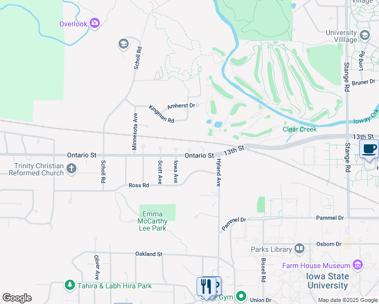map of restaurants, bars, coffee shops, grocery stores, and more near 1324 Ontario Circle in Ames