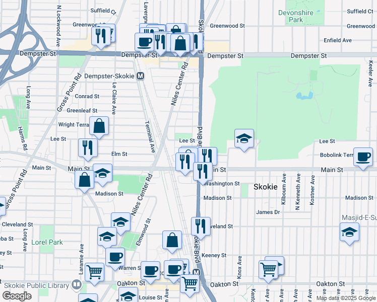 map of restaurants, bars, coffee shops, grocery stores, and more near 4830 Elm Street in Skokie