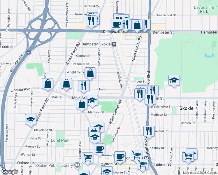 map of restaurants, bars, coffee shops, grocery stores, and more near 5020 Elm Street in Skokie
