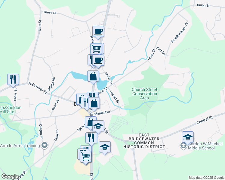 map of restaurants, bars, coffee shops, grocery stores, and more near 16 Hobart Street in East Bridgewater