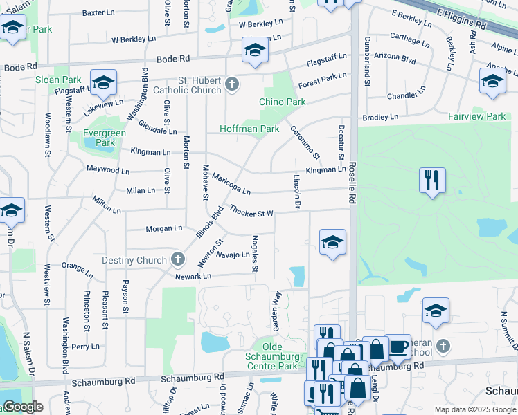map of restaurants, bars, coffee shops, grocery stores, and more near 250 Thacker Street West in Hoffman Estates