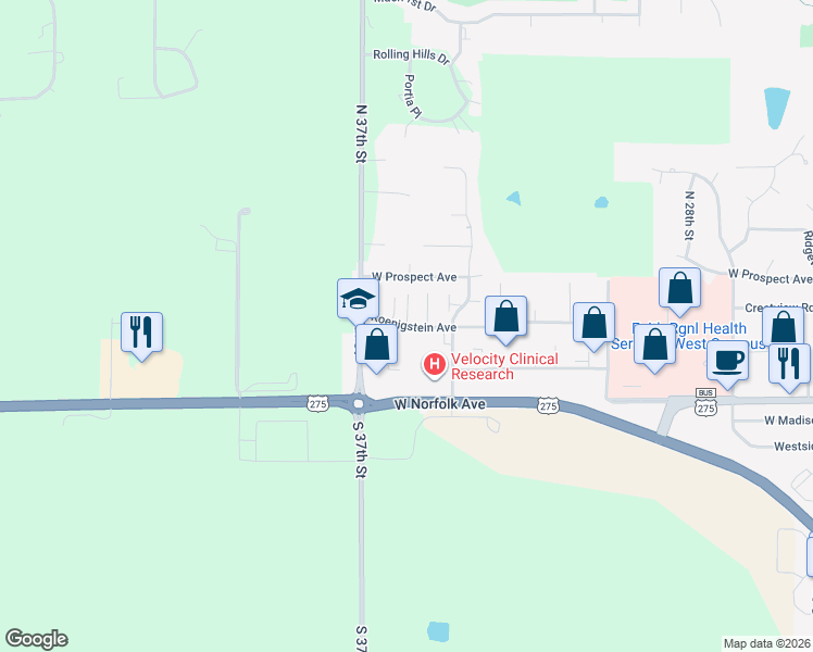 map of restaurants, bars, coffee shops, grocery stores, and more near 3506 Koenigstein Avenue in Norfolk