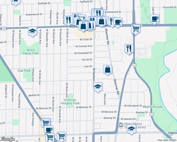 map of restaurants, bars, coffee shops, grocery stores, and more near 7218 West Breen Street in Niles