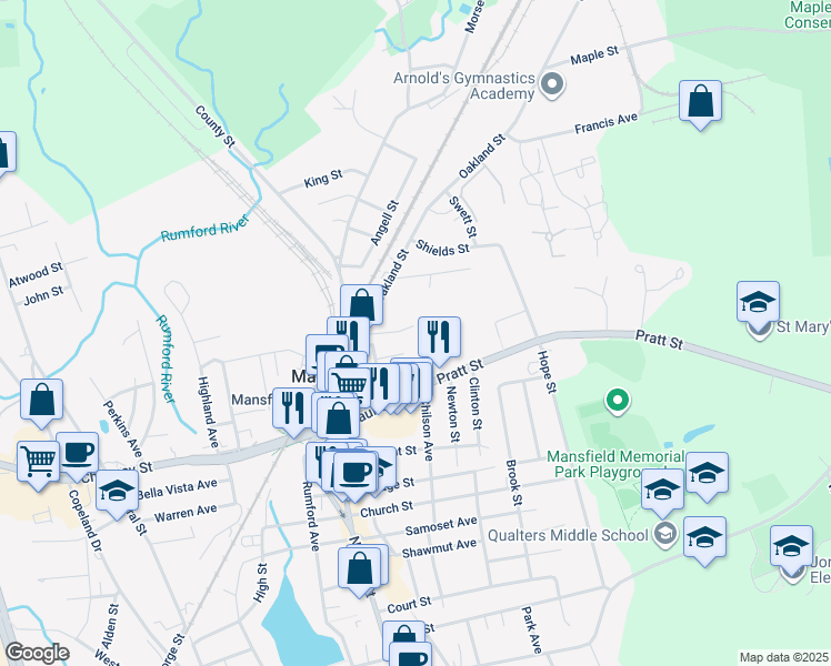 map of restaurants, bars, coffee shops, grocery stores, and more near 33-35 Kingman Avenue in Mansfield