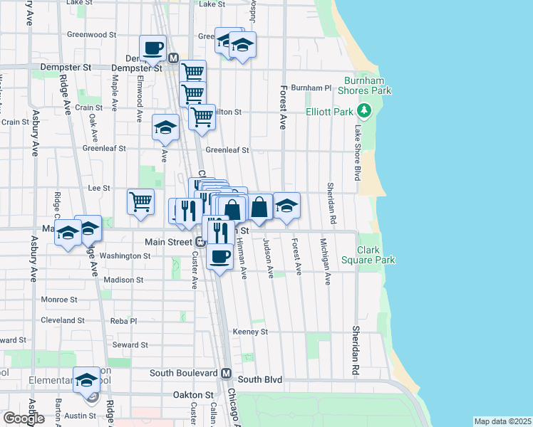 map of restaurants, bars, coffee shops, grocery stores, and more near 910 Judson Avenue in Evanston