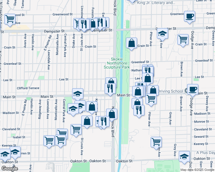 map of restaurants, bars, coffee shops, grocery stores, and more near 8426 Christiana Avenue in Skokie