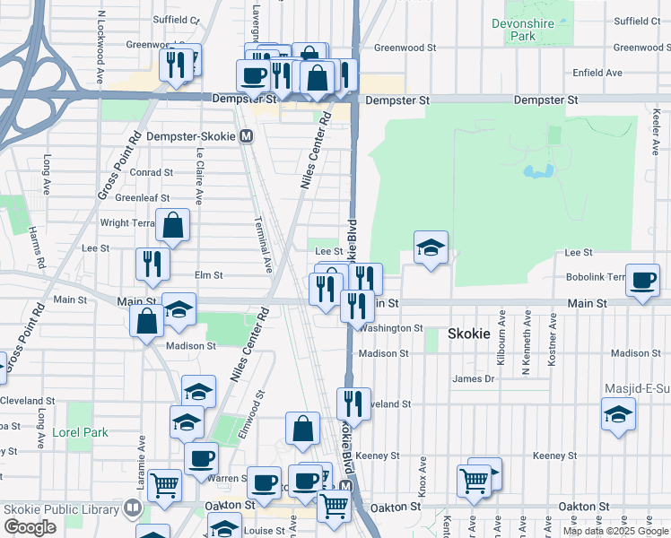 map of restaurants, bars, coffee shops, grocery stores, and more near 4830 Elm Street in Skokie