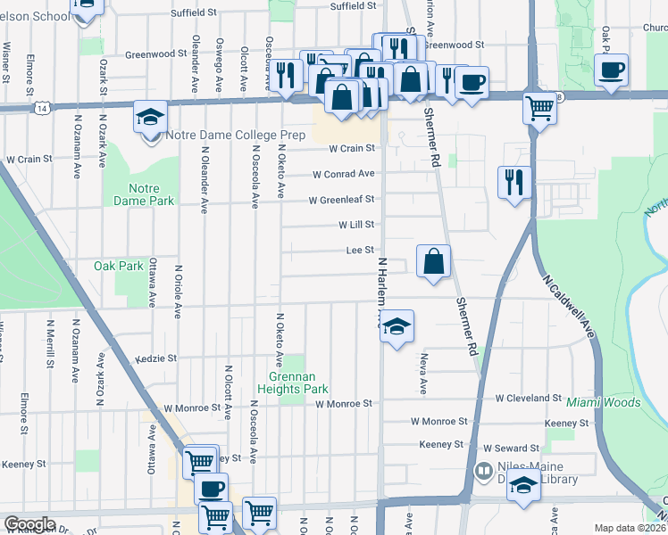 map of restaurants, bars, coffee shops, grocery stores, and more near 7258 West Breen Street in Niles