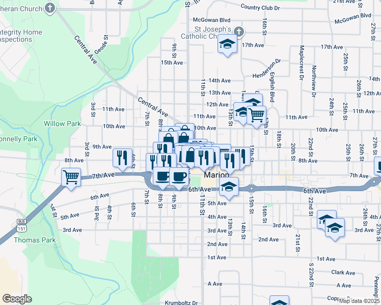 map of restaurants, bars, coffee shops, grocery stores, and more near 801 10th Street in Marion