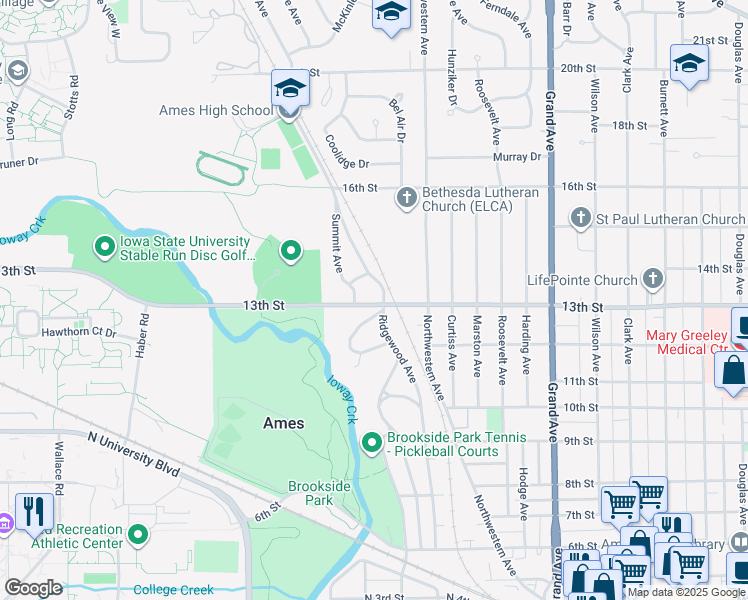 map of restaurants, bars, coffee shops, grocery stores, and more near 1420 13th Street in Ames